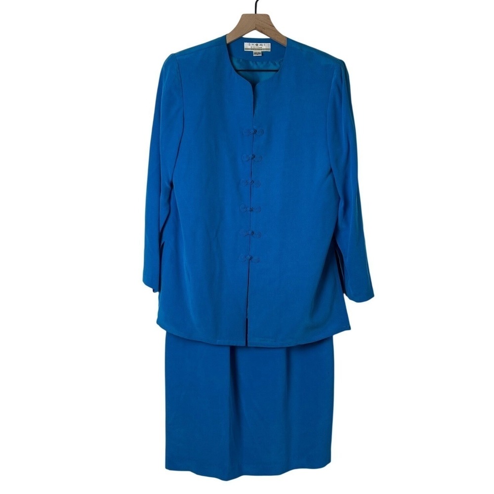 Shomi Women 100% Silk Vintage Skirt Suit Set Blue Size 10 Frog Knot Shoulder Pad